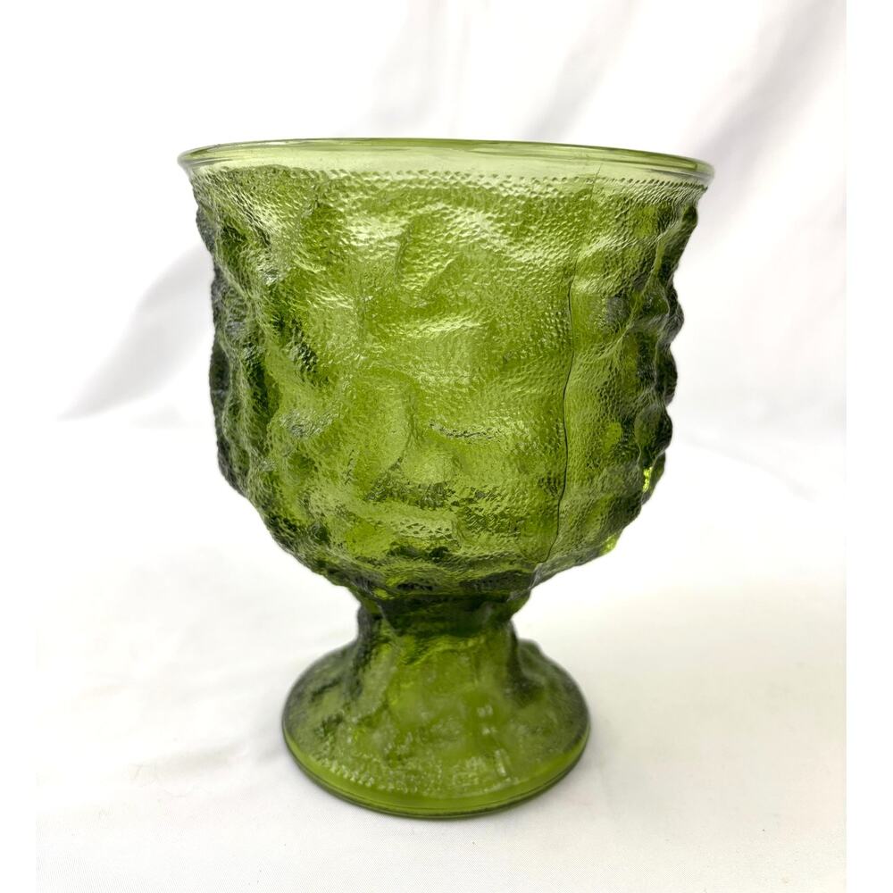 Vintage Avocado Green Compote‎ Crinkle Glass Pedestal Bowl E. O. Brody 6.5" Tall